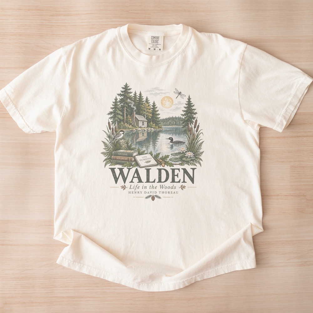 Live Deliberately Walden Cabin Reflected in Moonlit Lake Tee